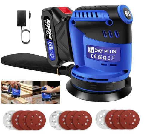 Ponceuse Sans Fil Orbitale 5 (125mm) - 3 Vitesses + Accessoires (12 Disques 120/180/240) - Moteur Puissant 190W - Portable pour Travail du Bois/Métal/Peinture
