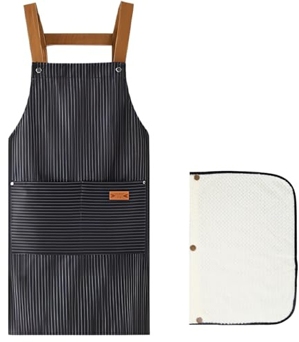 Delantales Cocina para hombre y mujere, Impermeable Resistente al aceite delantal con dos bolsillos, Ajustables delantal con toalla desmontable para cocinar asar hornear ycafeterías (Blanco y negro)