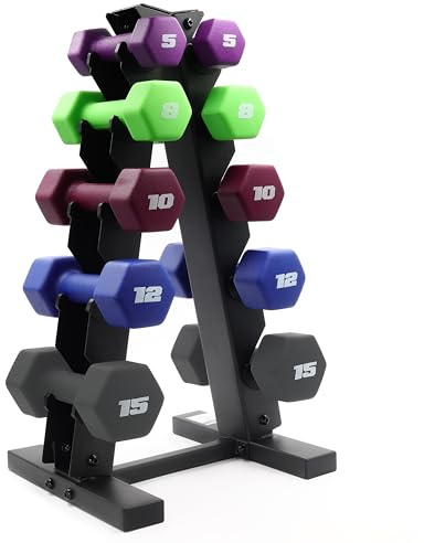 CAP Barbell 100 LB Set of Neoprene Dumbbells with Rack Color Series | 5, 8, 10, 12 and 15 LB pairs