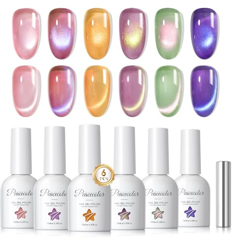 PEACECOLOR UV-nagellack Cat Eye UV-gel 10 ml, 6 färger gelnagellack Magnetic Eye Gel Soak-Off nagellack Manikyr och nagelkonst DIY hemma