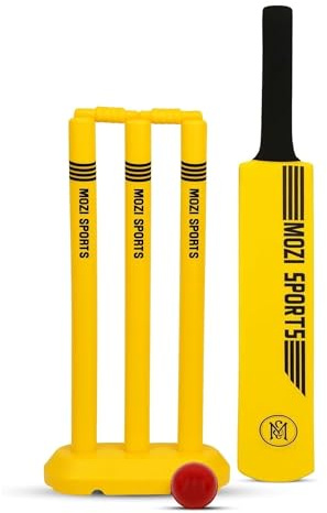 Mozi Sports Plastic Cricket Bat Set Size1 for Kids, Lightweight Ball, Stumps & Bat – Fun Outdoor Cricket Set (Yellow)