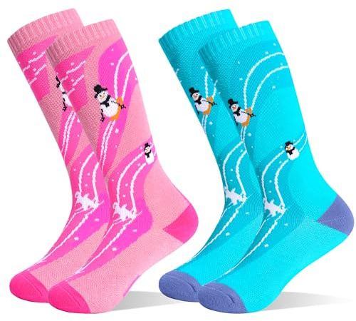 HYCLES Kids Ski Socks, Long Keen High Thermal Winter Socks for Boys, 2 Pairs Colorful Warm Ski Socks for Children, Soft Breathable Winter Outdoor Ski Sock for Skiing Skating Snowboarding