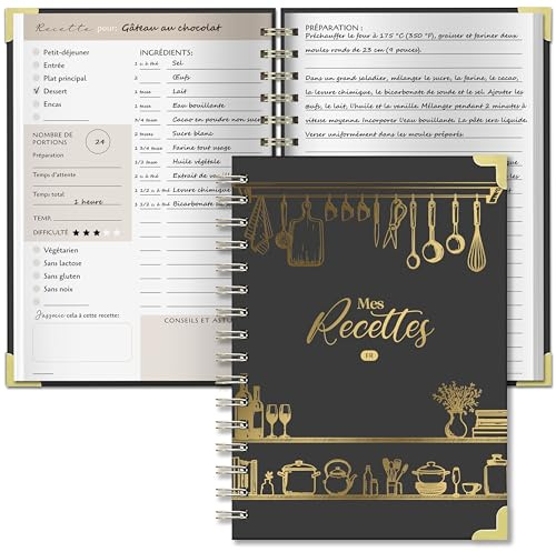 Carnet de recette à remplir francais, A5 cahier de recettes à remplir, livre de recettes vierge, cahier recette cuisine pouvant contenir jusqu’à 100 recettes, Idéal cadeau pour passionnée de cuisine