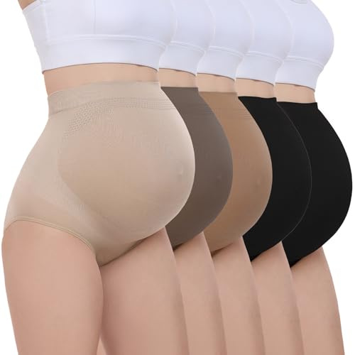 Diawsome 5 Pack Women's Maternity Underwear Over Bump, Seamless High Waist Brief Panties Pregnancy Soft Pregnancy Shapewear