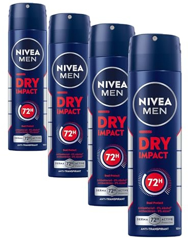 NIVEA MEN Dry Impact Deodorante spray antitraspirante per 72 ore di protezione affidabile contro sudore e odore, deodorante antibatterico senza alcool etilico (150 ml) (Confezione da 4)