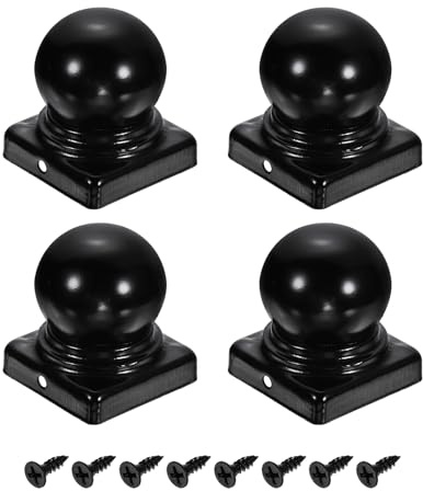 sourcing map 4Pcs Fence Post Caps, 50mm/1.97-inch Square Waterproof Ball Top Dome Iron Post Cap Cover with Screw Fit for Outdoor Metal Wood Fence Deck Mailbox Patio, Black