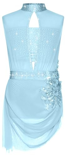 JEATHA Enfant Fille Robe De Danse Lyrique Contemporain Strass Robe Justaucorps Gymnastique Patinage Artistique Tenue Spectacle Bleu Clair 11-12 Ans