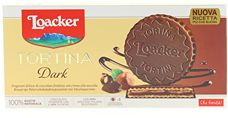 Loacker, Tortine Gran Pasticceria Dark Hazelnut, Cialde Wafer Ricoperte di Cioccolato Fondente e Ripiene di Crema alle Nocciole 100% Italiane, Merenda e Snack, 12 Scatole da 3 Biscotti