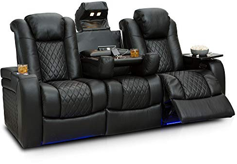 Seatcraft Anthem Home Theater Seating - Italian Leather - Power Recline Sofa - Fold-Down Table - Powered Headrests - Arm Storage - USB Charging - Cup Holders, Black