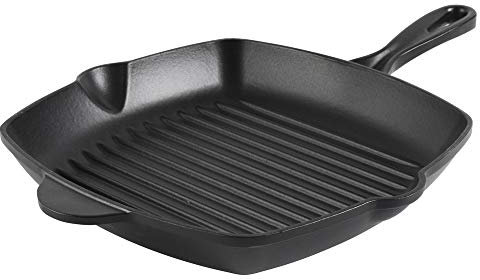 ProCook Matte Black Square Cast Iron Griddle with Ridged Inner Base Enamel Coated Induction & Oven Safe Heavy Cooking Grill Pan - 26 x 26 x 4 cm
