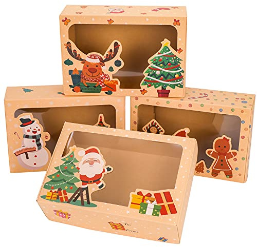 Qpout Scatole per Biscotti Natalizi, 12 Pezzi Scatole per Caramelle in Carta Kraft con Finestra (Babbo Natale Alce Pupazzo Neve Omino Pan Zenzero) per Decorazioni Natalizie Regali Natale 9x6x3 poll
