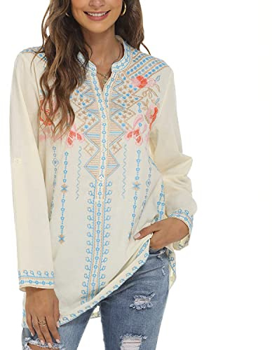 Seasonal Tunique brodée Indienne pour Femme, Style bohème, Folklore, Haut en Coton, Manches Longues, décontracté,Jaune 127,2XL