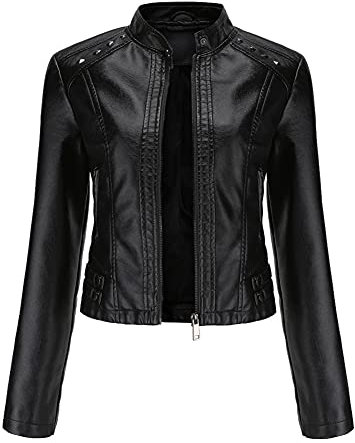YYNUDA Damen Lederjacke Kurz Bikerjacke Stehkragen Reißverschluss Leder Jacke Übergangsjacke für Herbst Frühling（Schwarz XXL）