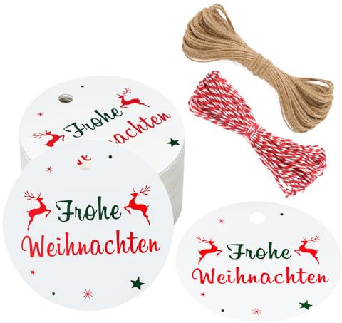 G2PLUS 100 Stück Frohe Weihnachten Geschenkanhänger Weiß, 5.5cm Papier Frohe Weihnachten Anhänger, Rund Etiketten mit Rentier für Geschenkverpackungen