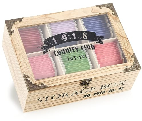 com-four® Scatola Porta tè Rustica Con 6 Scomparti, Finestra di Visualizzazione e Chiusura - Stile Country (Rustico - 1918-6 Scomparti)