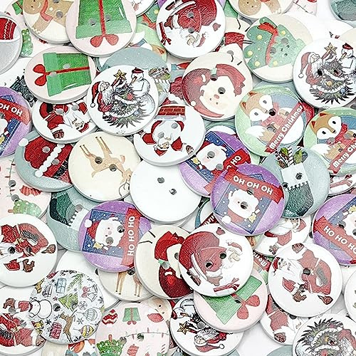 Libiline 100pcs 25mm(1) Christmas Wood Buttons 4 Holes Craft Clothes Sewing Button Santa Tree Claus Snowflake Deer Jinglebell (25mm(1), Multi-Color)