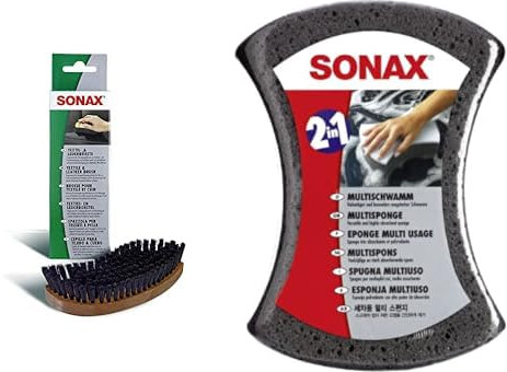 SONAX Textil+LederBürste (1 Stück) Trocken- und Feuchtreinigung von Textilien & MultiSchwamm (1 Stück) besonders saugstarker Alleskönner