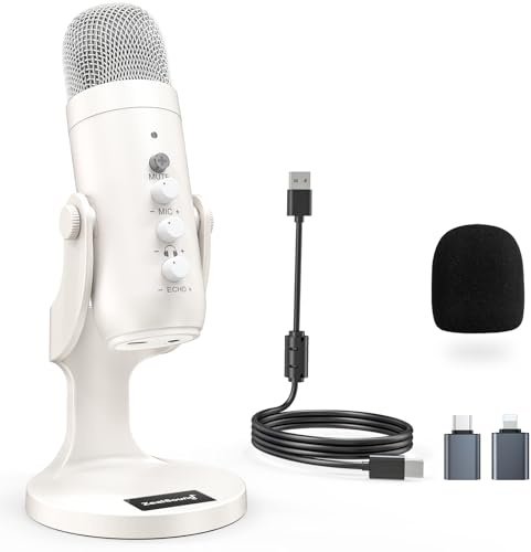 ZealSound Podcast Microphone for iPhone PC & Android, Noise Cancellation Mic with Gain Knob, Volume Adjustment & Mute Button, Monitor & Echo, for ASMR Podcasting Recording YouTube & TikTok - K66 White