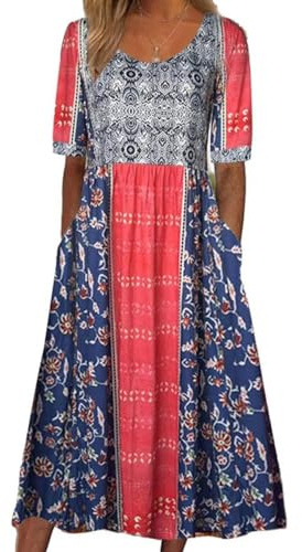 ABYOVRT Vestidos Largos Verano para Mujer Maxi Casual Estampada Retro Vestido de Manga Corta Informal Vestido de Playa con Bolsillos,L