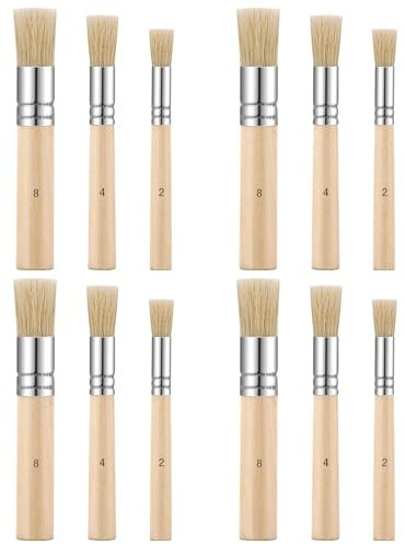 12 Stücke Schablonierpinsel 3 Größen Rund Pinsel Schablone Feste Naturborsten Pinsel Holz Borstenpinsel Set Stupfpinsel für Acrylmalerei Ölgemälde DIY Crafts