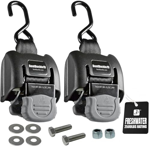 BoatBuckle G2 Transom Boat Tie Down Straps to Trailer 2x43-Inch, 2500lbs Break Strength, Bolt On Retractable Ratchet Straps Heavy Duty, 2-Pack