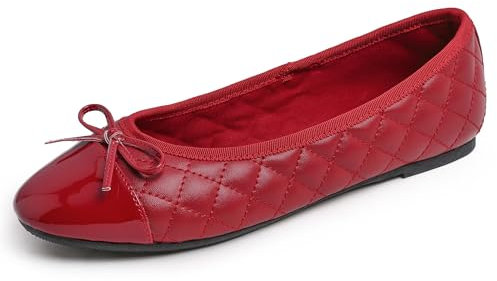 Feversole Women's Bow Tie Fashion Dress Slip On Shoes Round Toe Ballet Red Quilted Patent Toe Cap UK Size 6