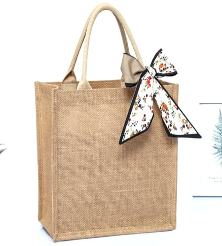 QIUPFGUT Jute-Tasche, Jute Tote Bag, Cotton Pocket Jute Shopper, Jute-Tasche Damen Shopper, große Einkaufs-Tasche mit Henkel, Einkaufskorb, Tragetasche, Einkaufstasche (25X20X15CM)