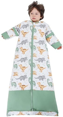 Chilsuessy Vinter 2,5 Tog barnsovsäck med avtagbara ärmar baby sovsäck ekologisk bomull året runt sovsäck för pojkar och flickor, 2,5 tog/dinosaurie, XL (130–150 cm)