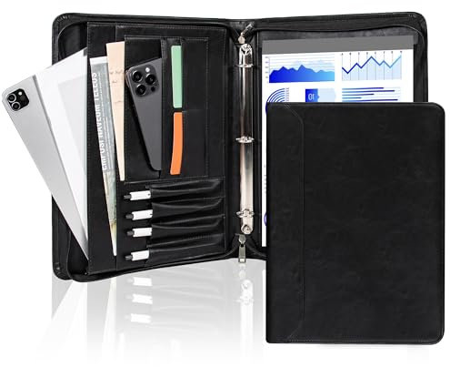 AZXCG Zipper Portfolio Padfolio Binder,3-Ring Padfolio for Women and Men,A4/Letter Size, PU Leather with iPad,Professional Organizer for Resume/Interview