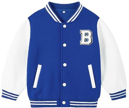 Volunboy Chaqueta de Béisbol para Bebé Niños, Varsity Style R J Abrigo para Otoño-Invierno(Azul Blanco,4-5 años,Tamaño 120)