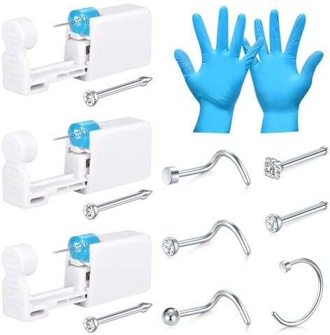LAURITAMI Nasenpiercing Pistole Set Mit 4 Stück Stecker, Sicherheit Tragbares Selbst Piercing Gold/Silber Set Mit 6 Stecker Ring und Handschuhe