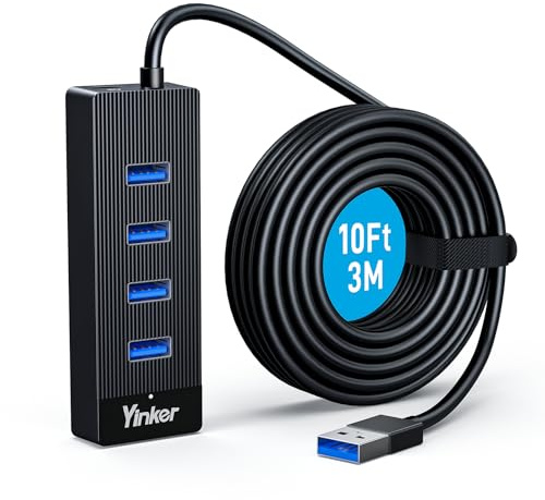 Yinker Hub USB 3.0 4 Porte con Cavo da 3m, Velocità 5Gbps e Alimentazione USB C 5V Splitter USB per Ufficio, Home-Office, Gaming e Dispositivi Esterni
