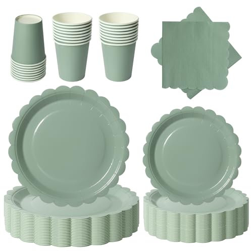PYAILI 96 Piezas Verde Vajilla Fiesta Cumpleaños, Platos y Vaso Cumpleaños Infantil, Set de Party Decoración Platos Servilletas para Navidad, Barbacoas, Fiestas -24 Invitado