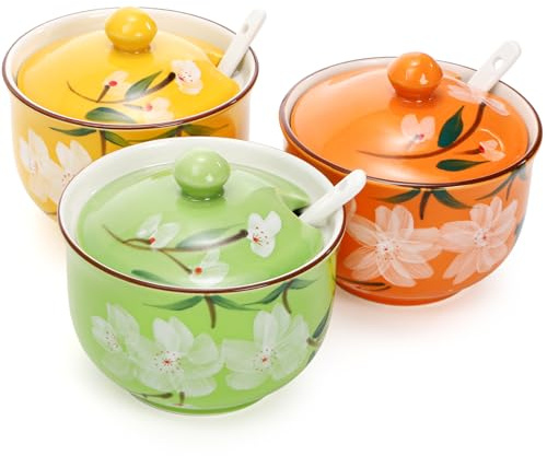 yarlung 3 Pack Ceramic Condiment Pot, 10 OZ Sugar Pepper and Salt Bowl with Lid and Spoon, Hand Painting Cherry Flower Seasoning Jar Spice Container for Kitchen, Dinning Table, 3 Colors