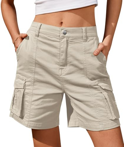 IVIR Bermuda Cargo Shorts for Women Knee Length 6 Pockets Elastic Waist Long Shorts for Summer Casual Beige M