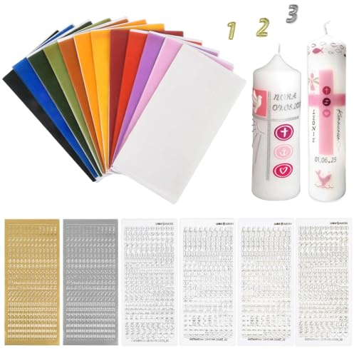 EMNIMQ 12 Farbige Wachsplatten für Kerzen,inklusive 6 Kerzenaufklebern,Wachsplatten Zum Kerzen Verzieren, Kerzenwachsplatten Zum Basteln, zur Dekoration von Weihnachts-, Hochzeits- oder Taufkerzen