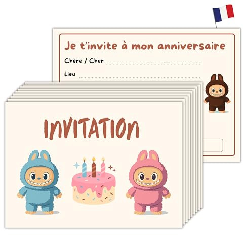 Lot de 10 Cartes Invitation Anniversaire Design Monstres Kawaii Colorés + Enveloppes - Garçon Fille et Ado - Carte Postale 10,4 x 14,8 cm - Préremplies - Idéal pour Fête et Goûter d'Anniversaire