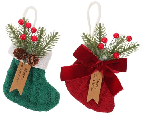 ULTECHNOVO 2piezas Medias Navideñas Tejidas Adornos Navideños Reutilizables Botas De Papá Noel Pequeñas para Colgar Calcetines De Navidad Decoración De Medias con Lazo De Frutos Rojos Piñas