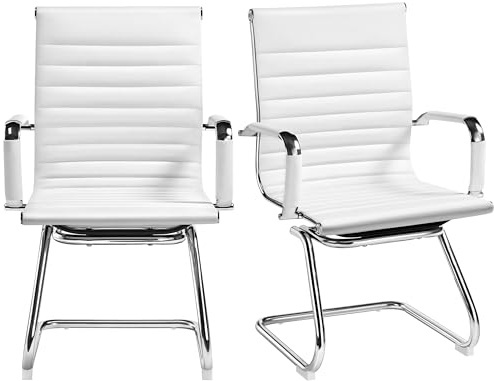 Yaheetech Chaise de Visiteur Lot de 2 Chaises de Bureau Ergonomique avec Accoudoirs Chaises Cantilever pour Bureau, Réception, Réunion, Salle d’Attente, Blanc