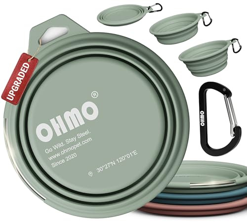 OHMO Gamelle Pliable pour Chien et Chat avec Anneau en Acier INOX Intégré, 800 ML Silicone Gamelle de Voyage Portable, Accessoire Indispensable pour Promenade et Camping Vert Clair