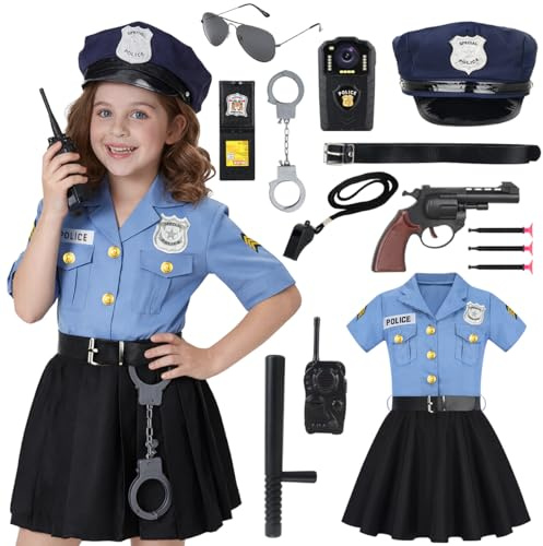 NEUFOOD Costume de Police pour Fille - Robe d'Agent avec Talkie-Walkie & Casquette - Déguisement Jeu de Rôle Enfant 3-10 Ans pour Carnaval Halloween Fête Déguisée