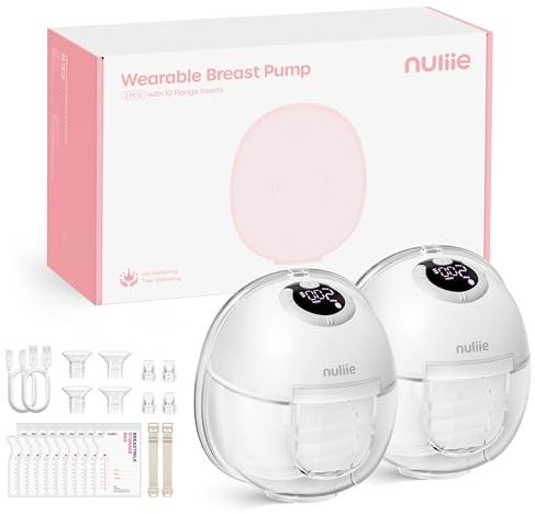 Nuliie Tire Lait Electrique Main Libre (2 Paquets, Blanc) | 4 Modes, 9 Niveaux, Fonction Mémoire, Extracteur de Lait Rechargeable avec Affichage LED, Poids léger - 24mm