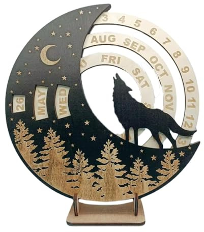 Calendrier perpétuel en bois rotatif avec disque lunaire réglable, ornement à suspendre, décoration de bureau pour salle à manger, meuble TV, loup