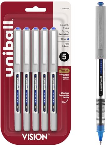 uniball Vision Rollerball Pens, Fine Point (0.7mm), Blue, 5 Pack