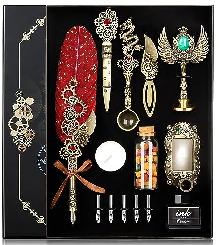CunMei Quill Pen Ink Set with Wax Seal,Feather Quill Pen, a Collision of Punk and Retro Styles, both Calligraphy Pen Set and Wax Seal Stamp Kit, Suitable for Calligraphy Lovers of All Ages (Red)