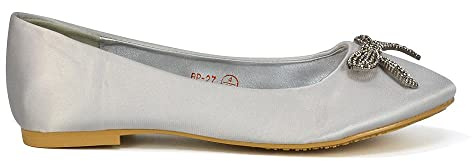 Women Flat Bridal Satin Slip On Ballerina Pumps Ladies Diamante Bow Bridesmaid Shoes Size 3-8