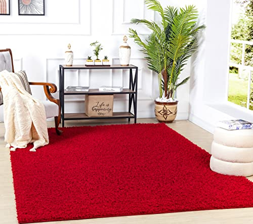 Surya Home Shaggy Berber Teppich - Flauschiger Teppich für Wohnzimmer, Esszimmer, Schlafzimmer, Langflor Hochflor Teppich flauschig - Teppich groß 100x200 cm, Wohnzimmerteppich in Rot