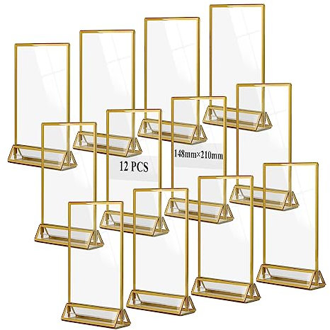 EFUTURETIME 12PCS Tischaufsteller Acryl A6, Doppelseitiger Bilderrahmen, Plexiglas Menükartenhalter Gold, T-Ständer, Thekenaufsteller, Fotorahmen für Foto, Hochzeitstischnummern, Cafe, Restaurant