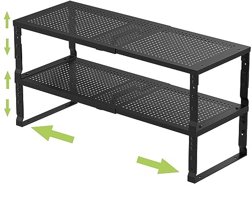 Jojocross Expandable Adjustable Stackable Kitchen Organizer, Spice Rack,Metal Pantry Storage Shelves Racks,Counter Shelf for Cabinets, Countertop, Cupboard (2 Packs/Large/Black)