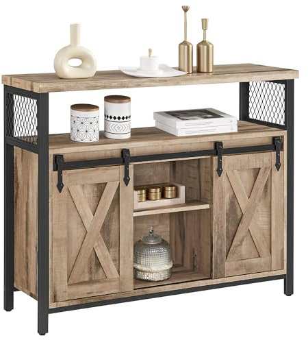 VASAGLE Credenza, Armadio da Cucina, Armadio Portaoggetti, con 2 Ante Scorrevoli, 33 x 100 x 80 cm, Ripiani Regolabili, per Soggiorno, Marrone Cammello e Nero Inchiostro LSC092B50